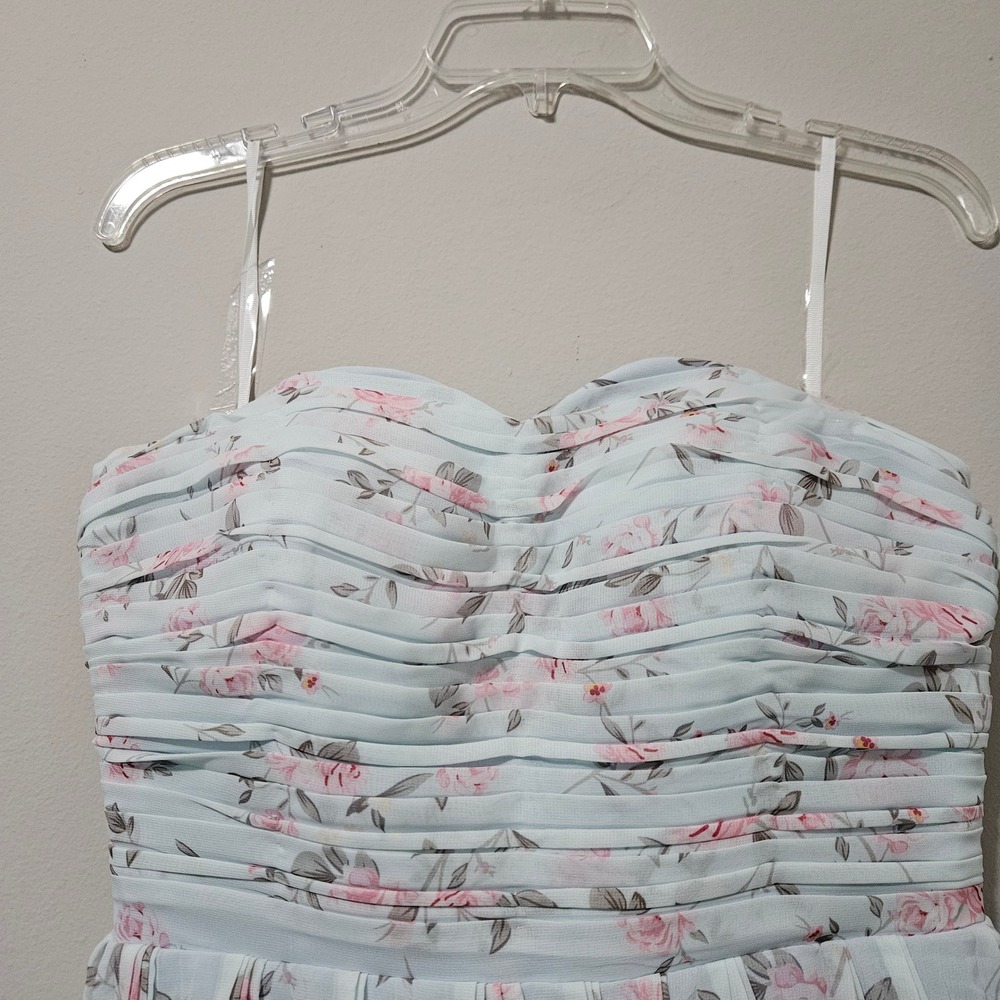 Lulus Light Blue Floral Tiered Lace Up Back Strapless Maxi Dress Gown - Picture 3 of 10